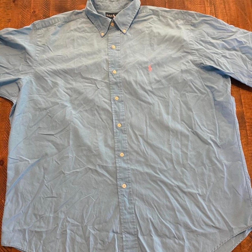 Ralph Lauren blue button-up short sleeve shirt Mens XL Pink Pony Logo